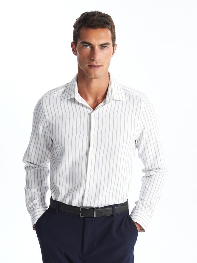 LCW Formal Beige Slim Fit Long Sleeve Striped Dobby Men Shirt Hover Image