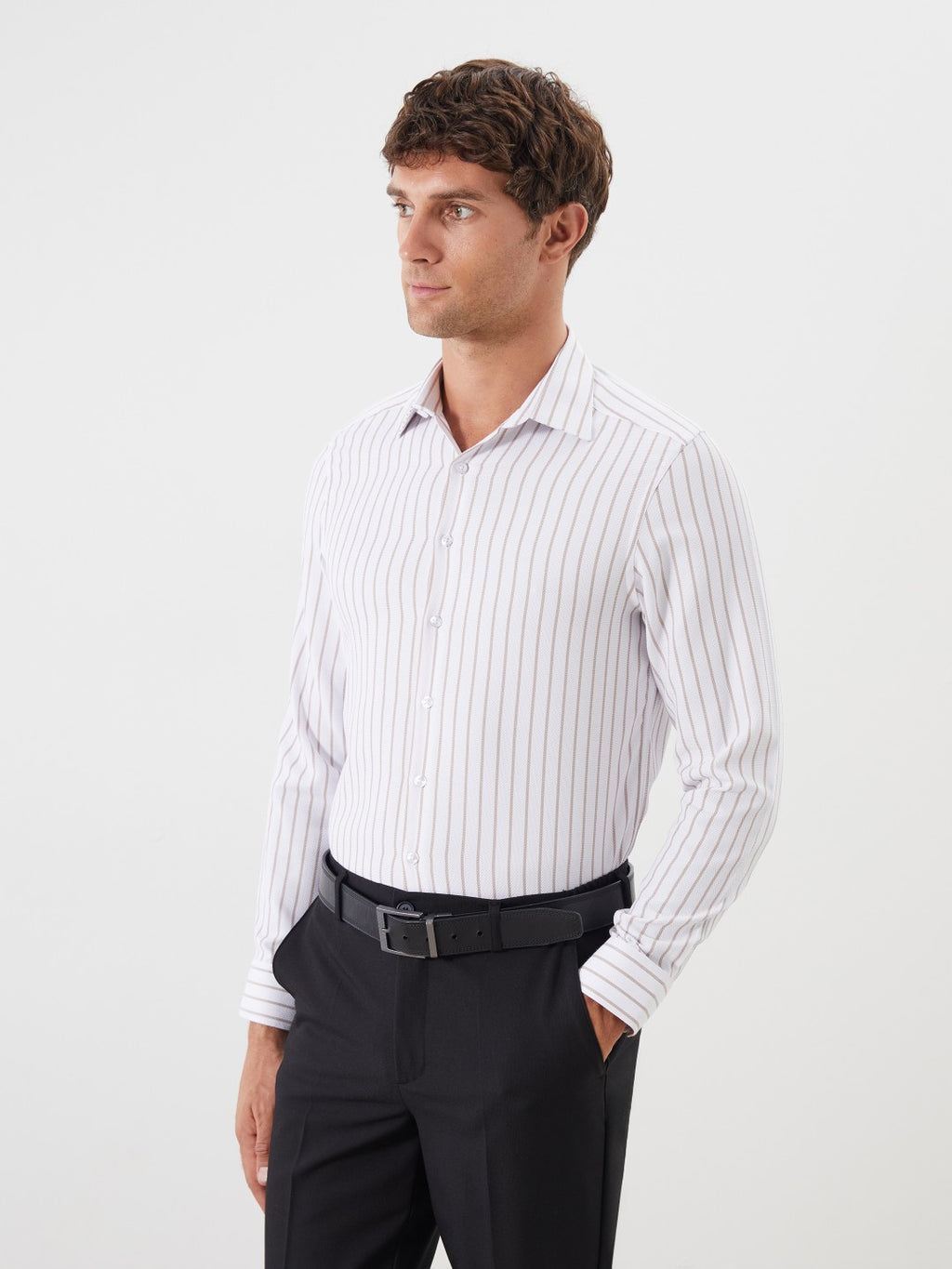 LCW Formal Beige Slim Fit Long Sleeve Striped Dobby Men Shirt