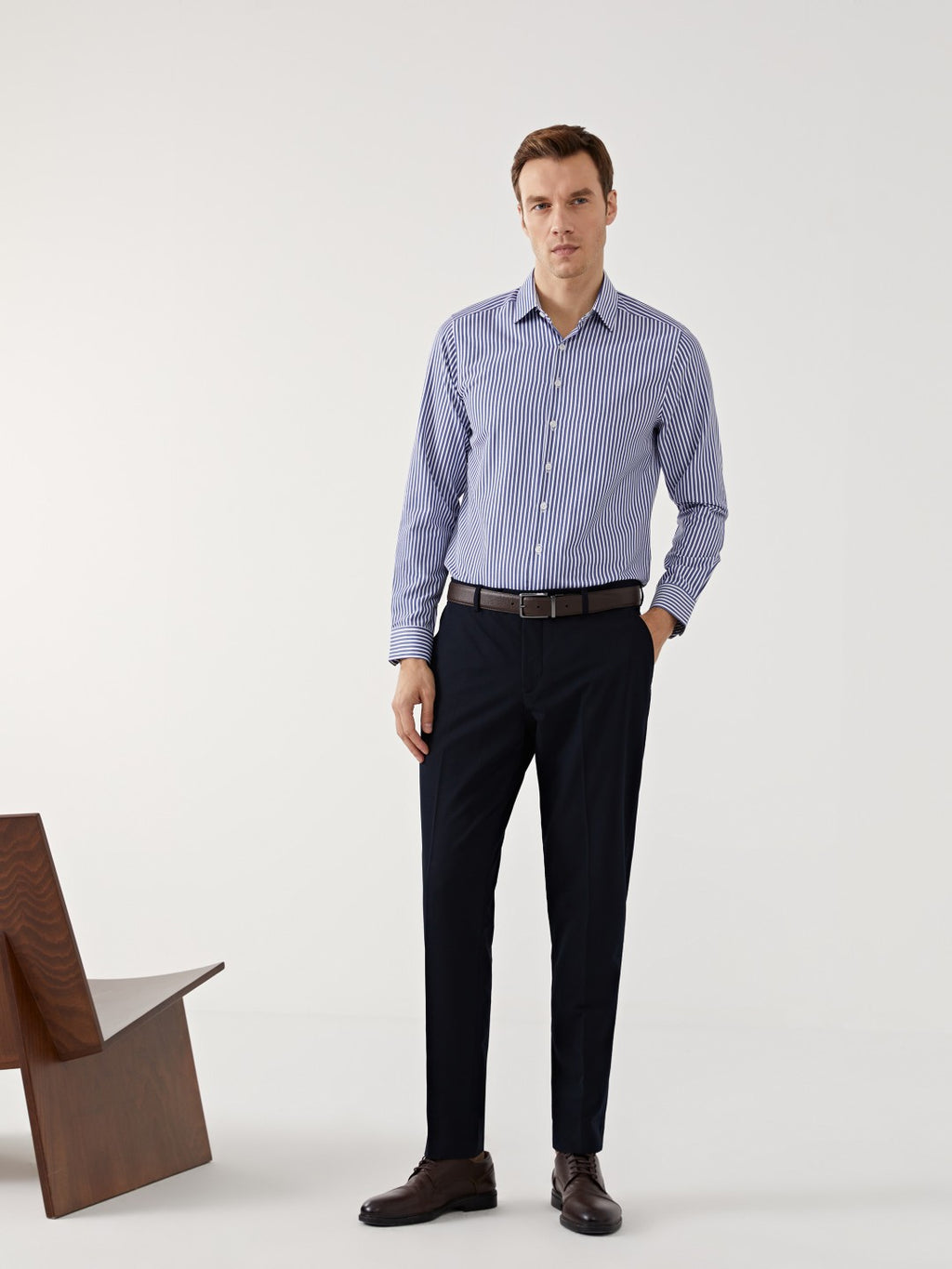 LCW Formal Navy Blue Slim Fit Long Sleeve Striped Poplin Men Shirt