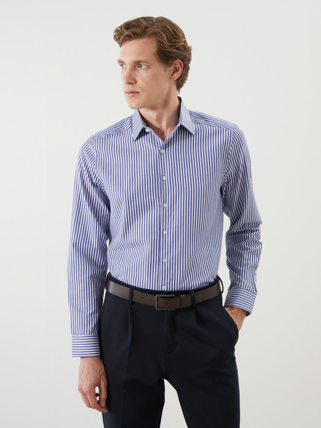 LCW Formal Navy Blue Slim Fit Long Sleeve Striped Poplin Men Shirt