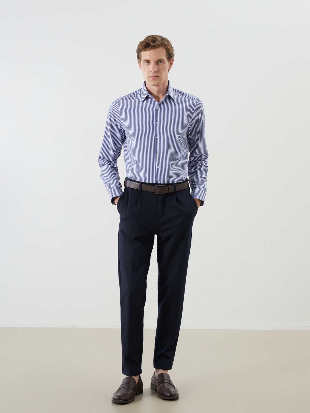 LCW Formal Navy Blue Slim Fit Long Sleeve Striped Poplin Men Shirt