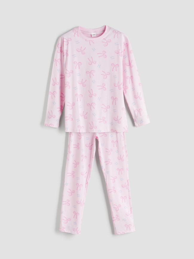 LCW Kids Pink Crew Neck Bow Patterned Girls Pajama Set Hover Image