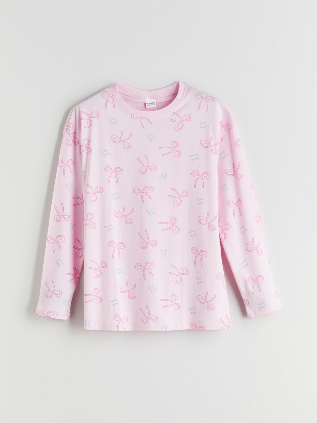 LCW Kids Pink Crew Neck Bow Patterned Girls Pajama Set