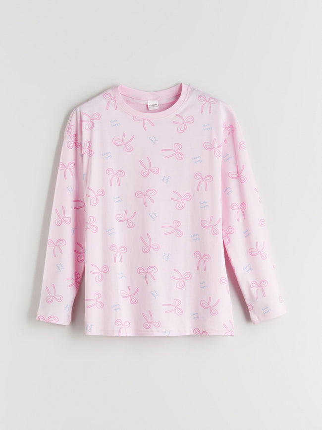 LCW Kids Pink Crew Neck Bow Patterned Girls Pajama Set Main Image