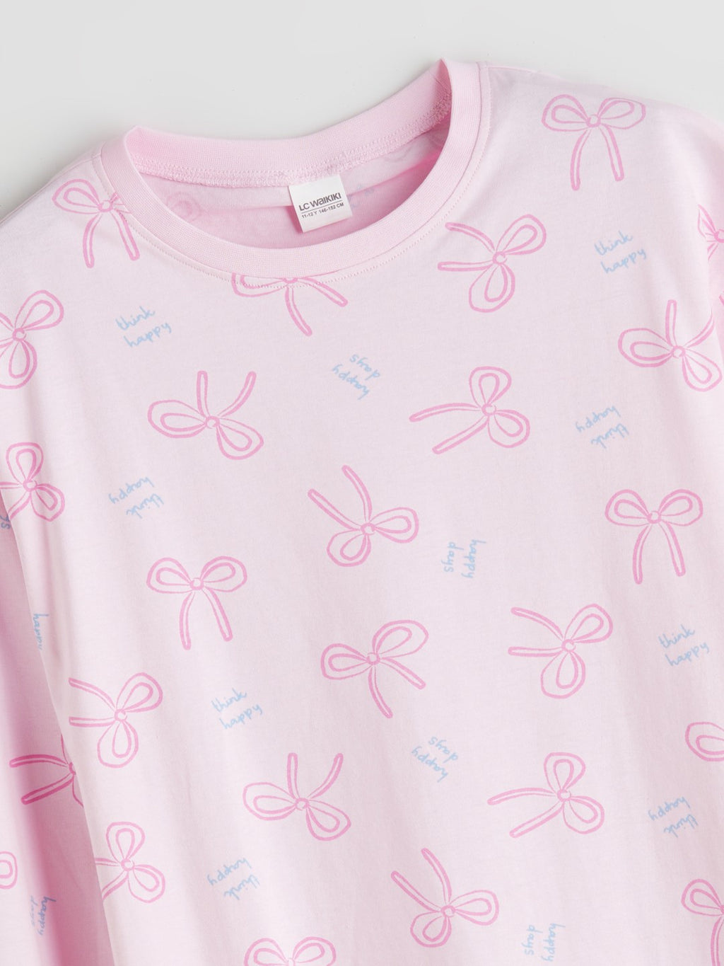 LCW Kids Pink Crew Neck Bow Patterned Girls Pajama Set