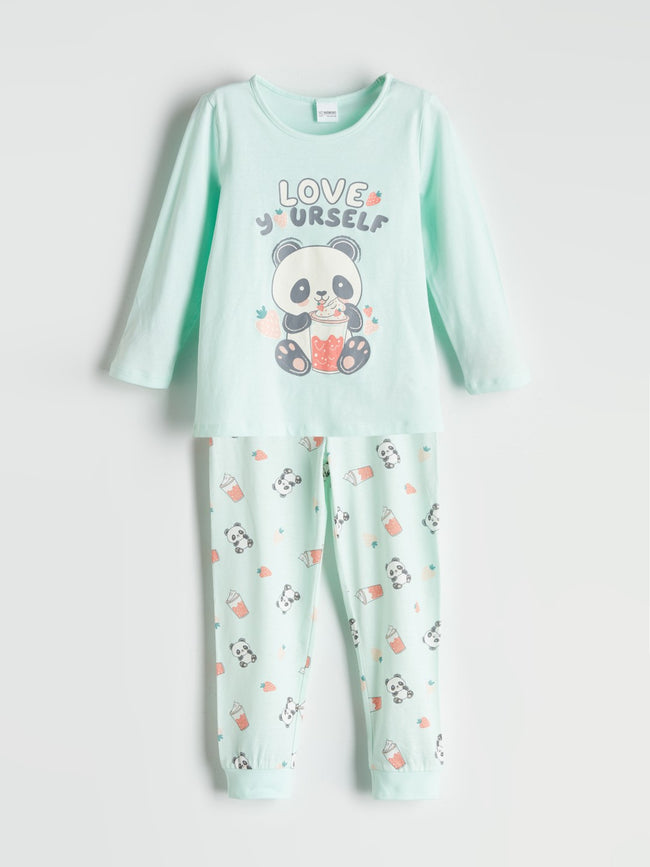 LCW Kids Turquoise Crew Neck Printed Long Sleeve Girls Pajama Set Hover Image