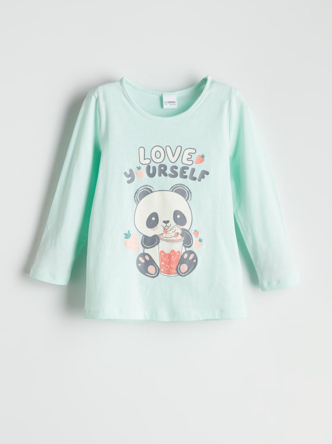 LCW Kids Turquoise Crew Neck Printed Long Sleeve Girls Pajama Set Main Image