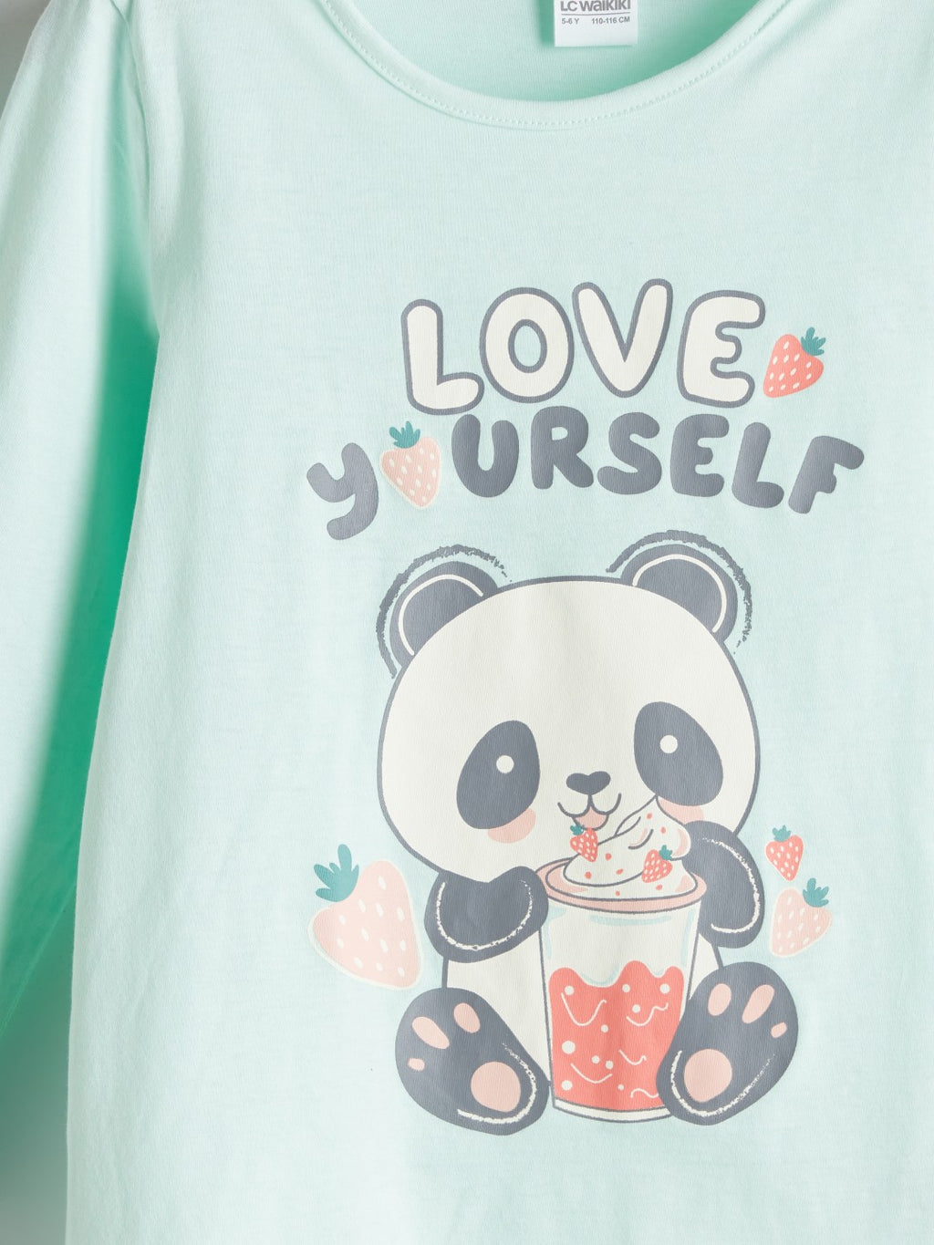 LCW Kids Turquoise Crew Neck Printed Long Sleeve Girls Pajama Set