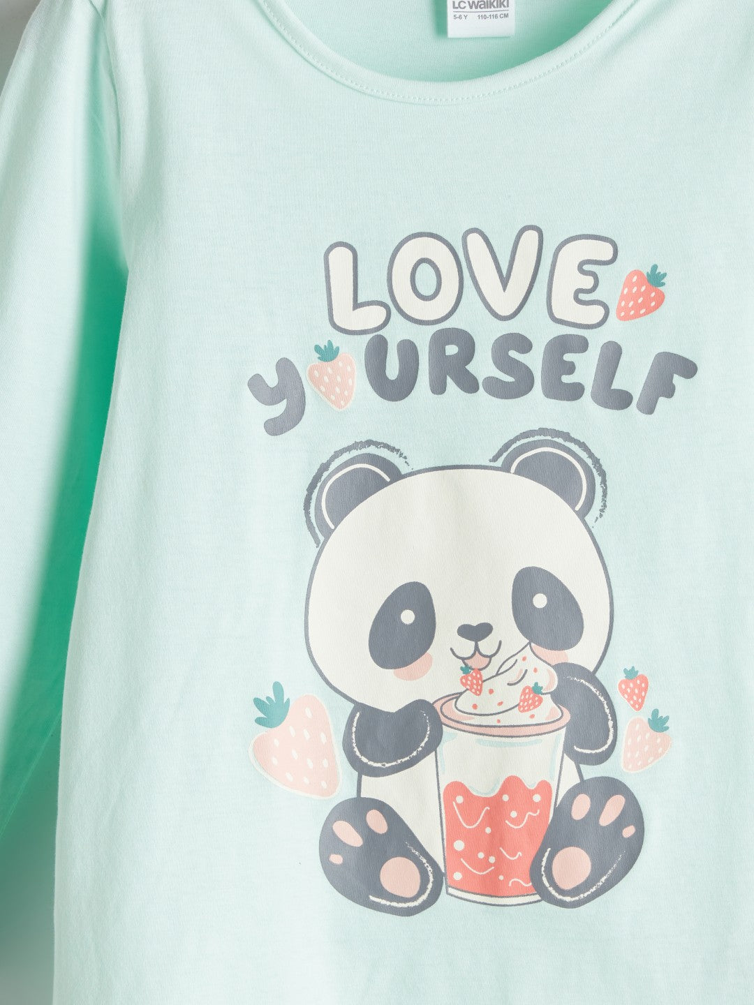 LCW Kids Turquoise Crew Neck Printed Long Sleeve Girls Pajama Set