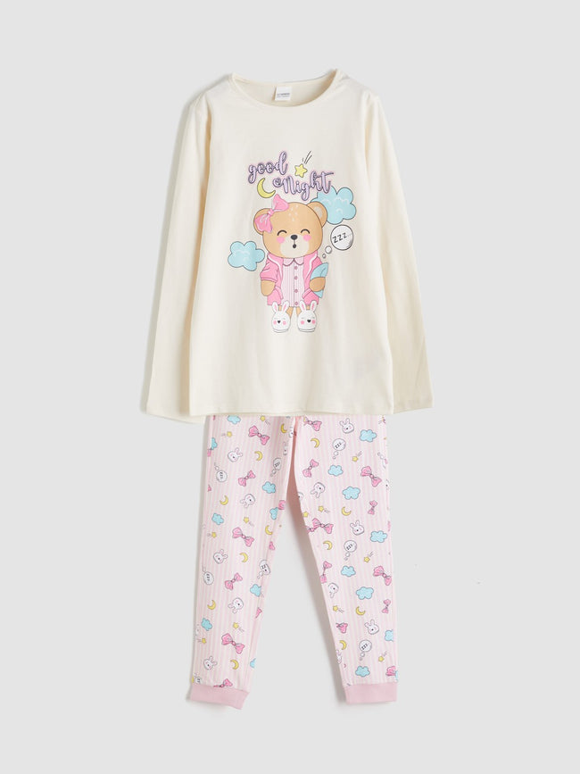 LCW Kids Ecru Crew Neck Girls Pajama Set Hover Image