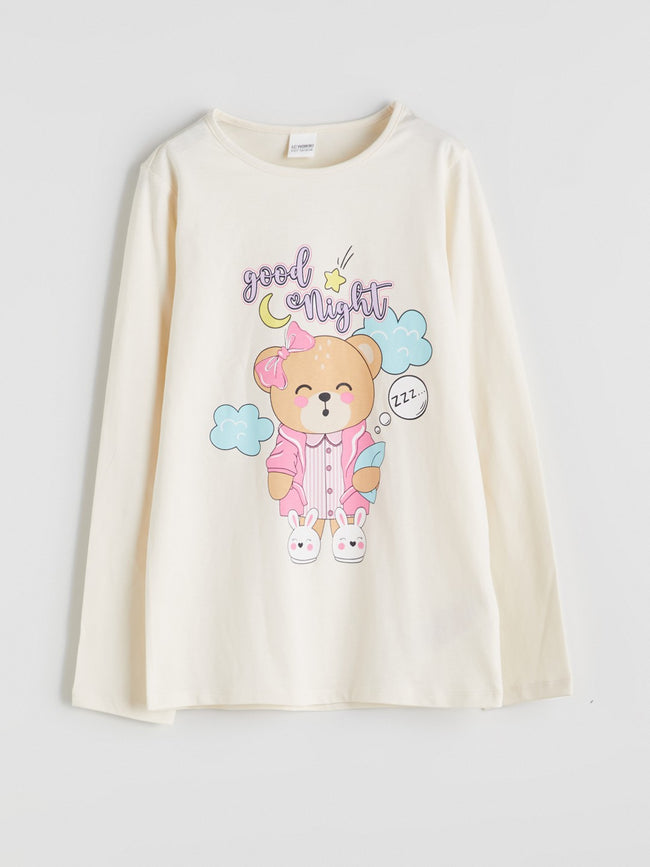 LCW Kids Ecru Crew Neck Girls Pajama Set Main Image