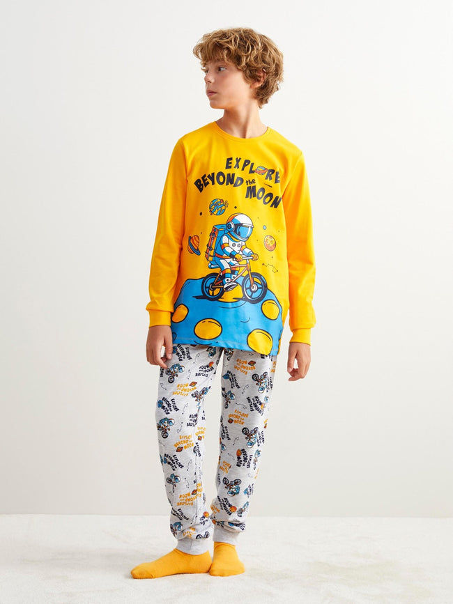 LCW Kids Orange Crew Neck Boys Pajama Set Hover Image