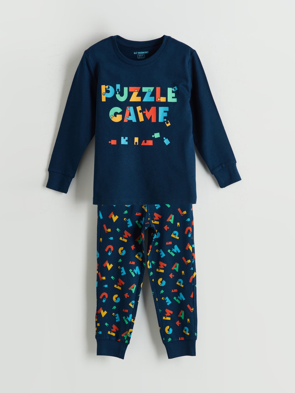 LCW Dream Navy Blue Crew Neck Printed Boys Pajama Set