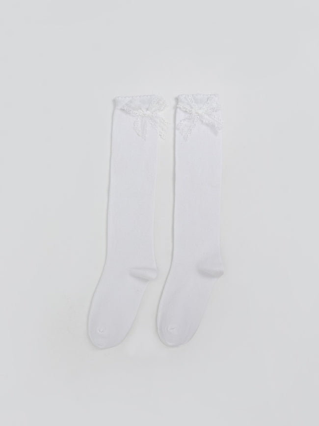 LCW Kids White Bow Detailed Girls Knee-High Socks 2-Pack Hover Image