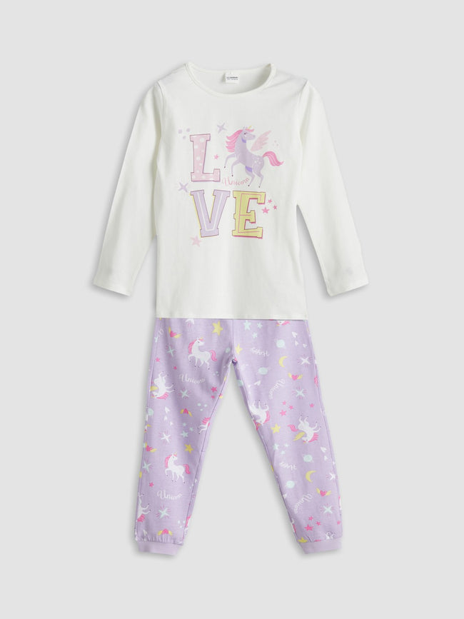 LCW Kids Ecru Crew Neck Girls Pajama Set Hover Image