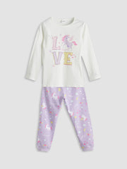 LCW Kids Ecru Crew Neck Girls Pajama Set