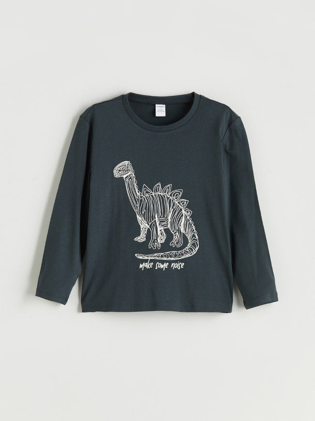 LCW Kids Anthracite Crew Neck Dinosaur Printed Boys T-Shirt Hover Image