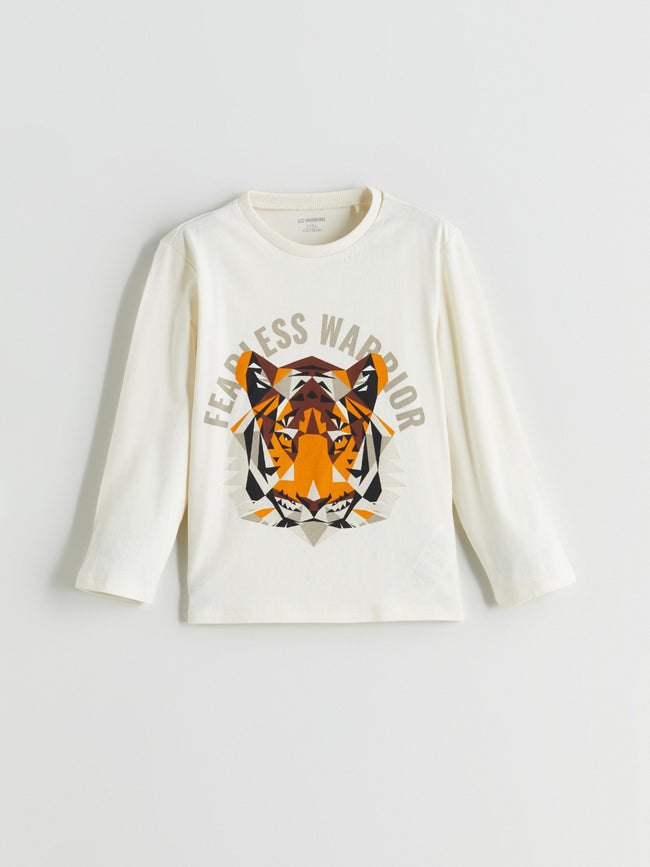 LCW Kids Beige Crew Neck Tiger Printed Boys T-Shirt Hover Image
