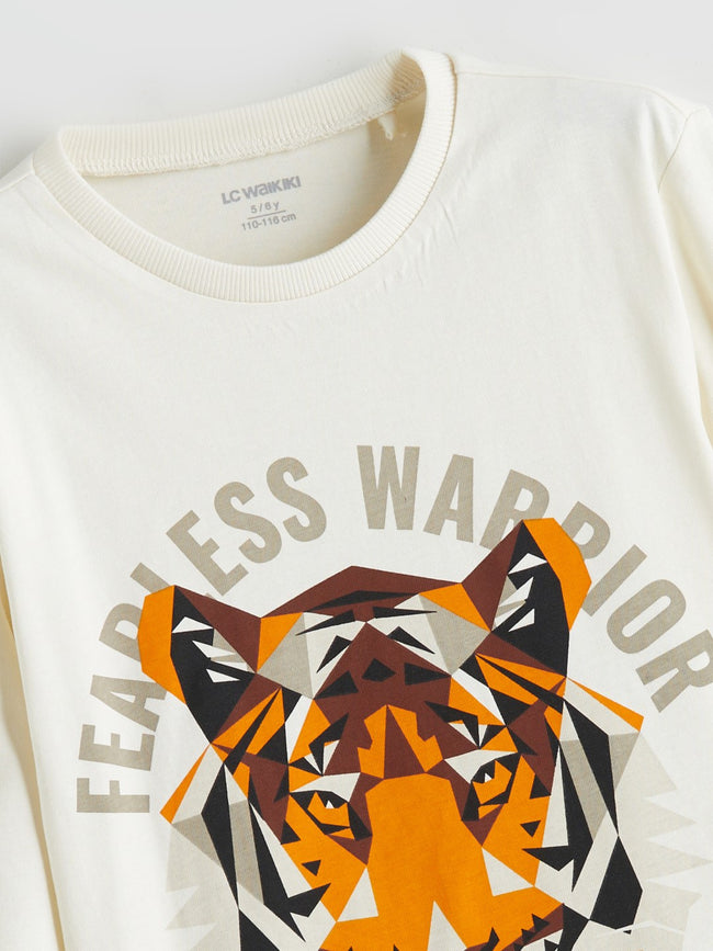 LCW Kids Beige Crew Neck Tiger Printed Boys T-Shirt Main Image