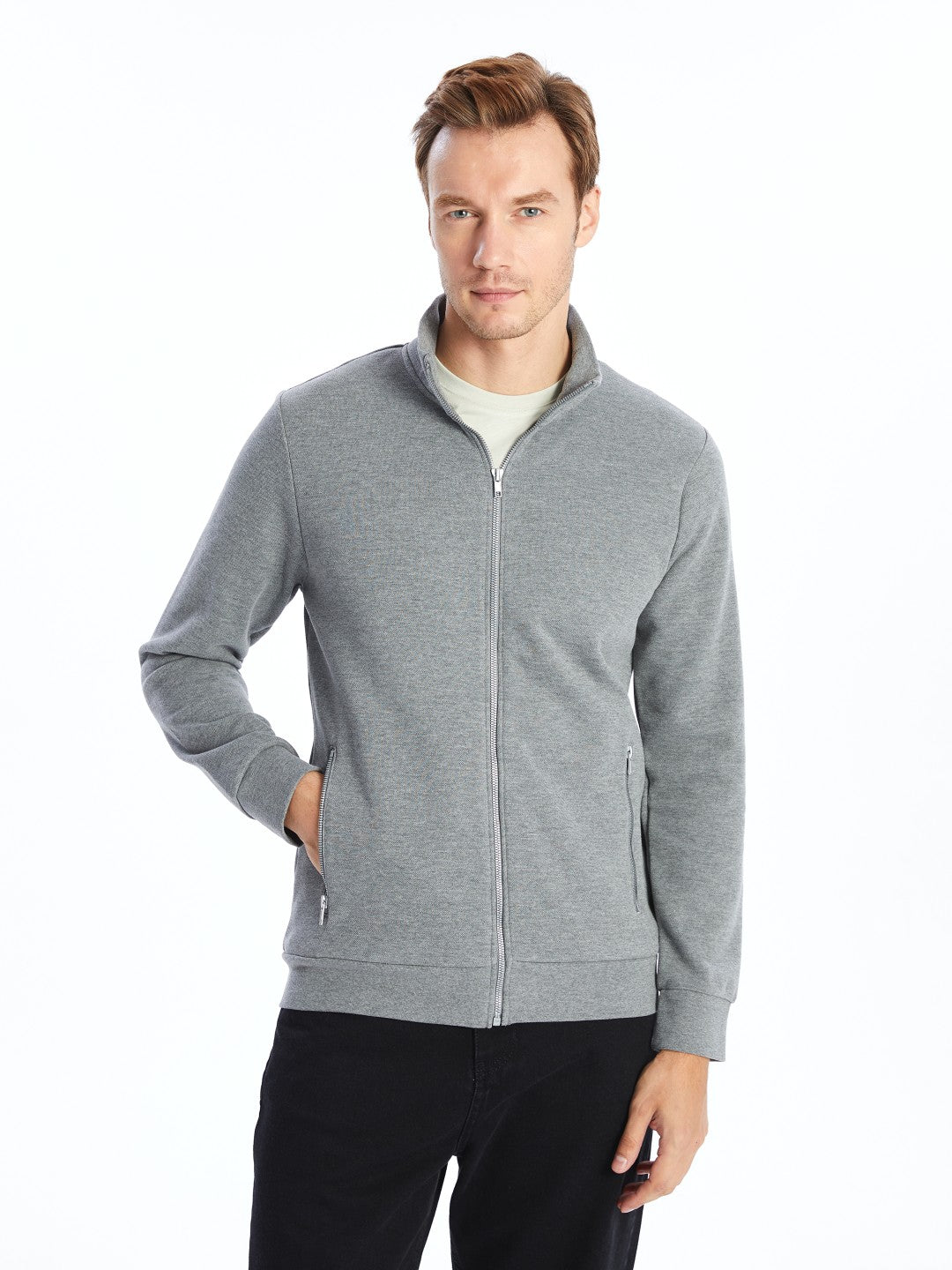 LCW Classic Gray Stand Collar Long Sleeve Men Zippered Sweatshirt