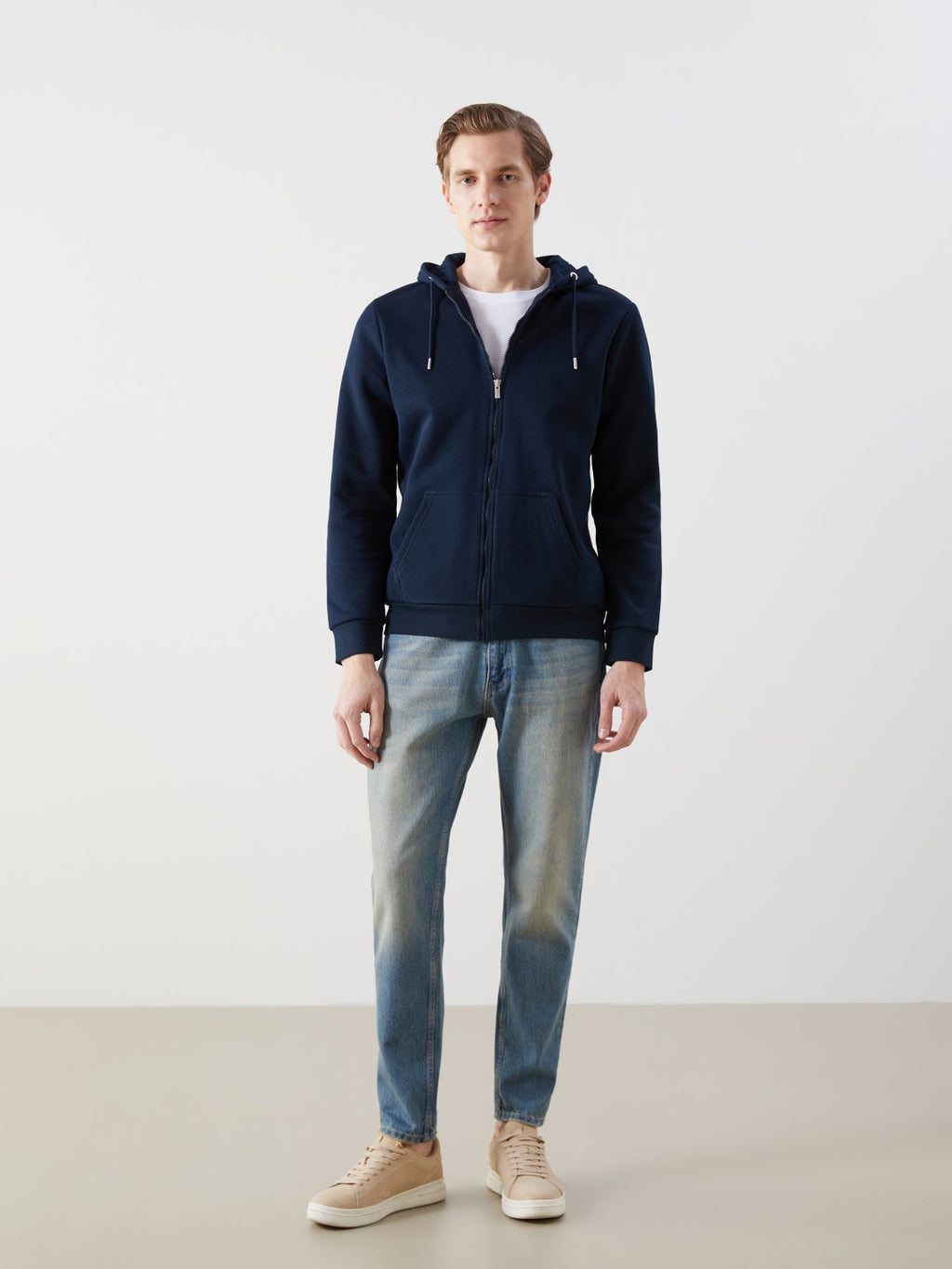 LCW Classic Navy Blue Hooded Long Sleeve Men Zippered Sweatshirt