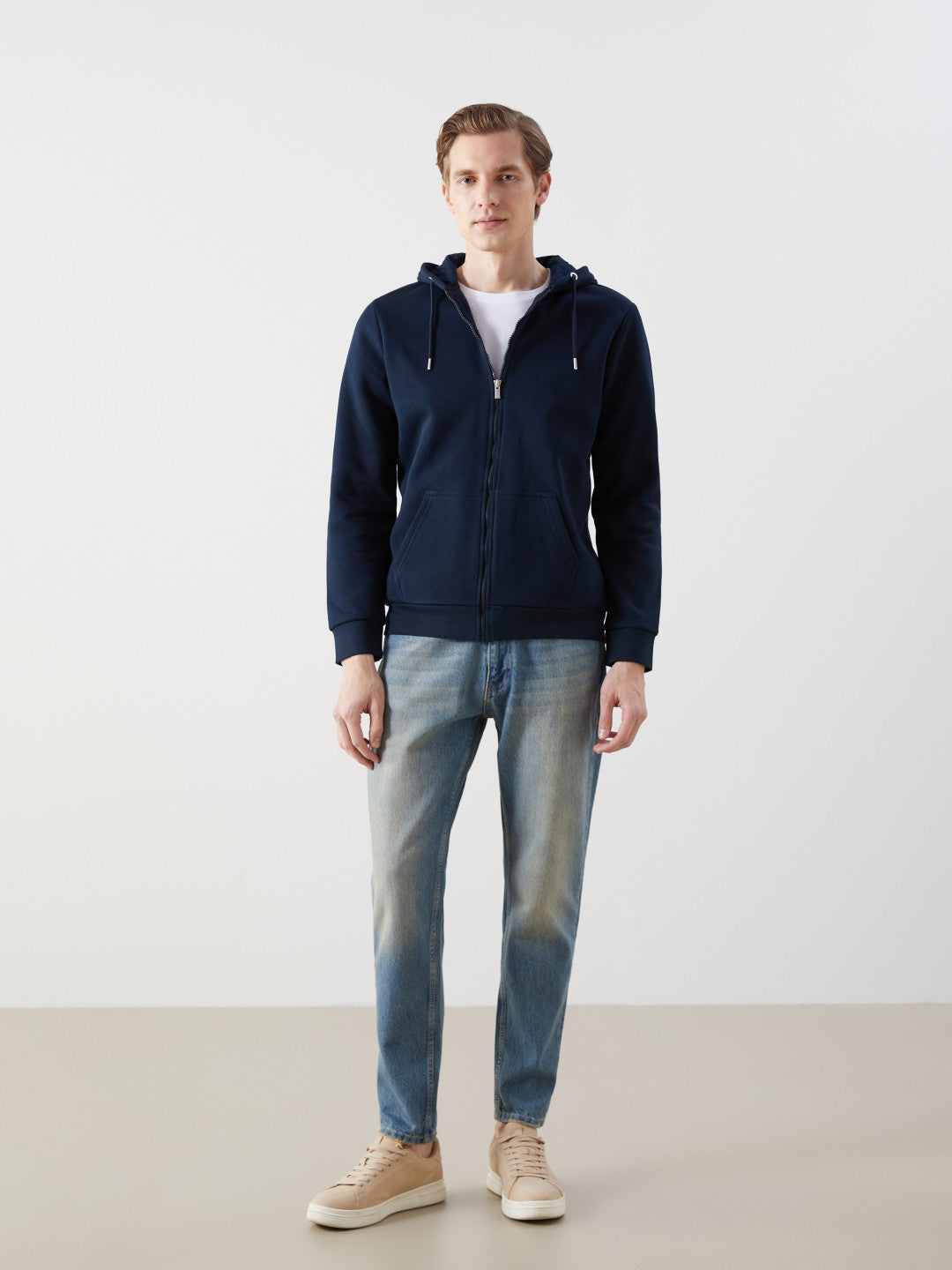 LCW Classic Navy Blue Hooded Long Sleeve Men Zippered Sweatshirt