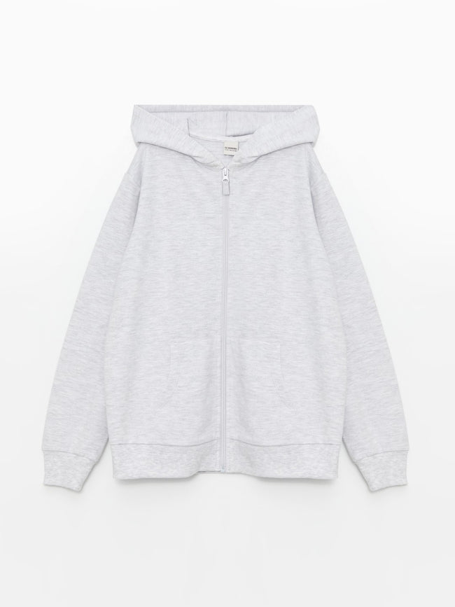 LCW Kids Hooded Basic Long Sleeve Girls Zippered Sweatshirt Hover Image