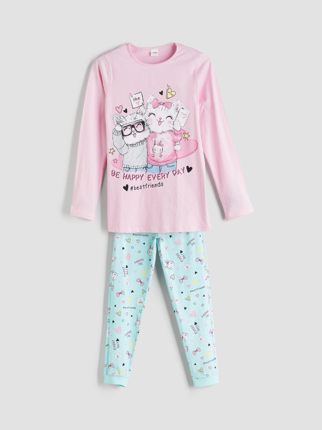 LCW Kids Pink Crew Neck Girls Pajama Set Hover Image