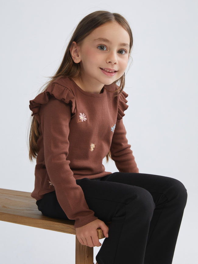 LCW Kids Brown Crew Neck Flower Embroidered Girls T-Shirt Hover Image