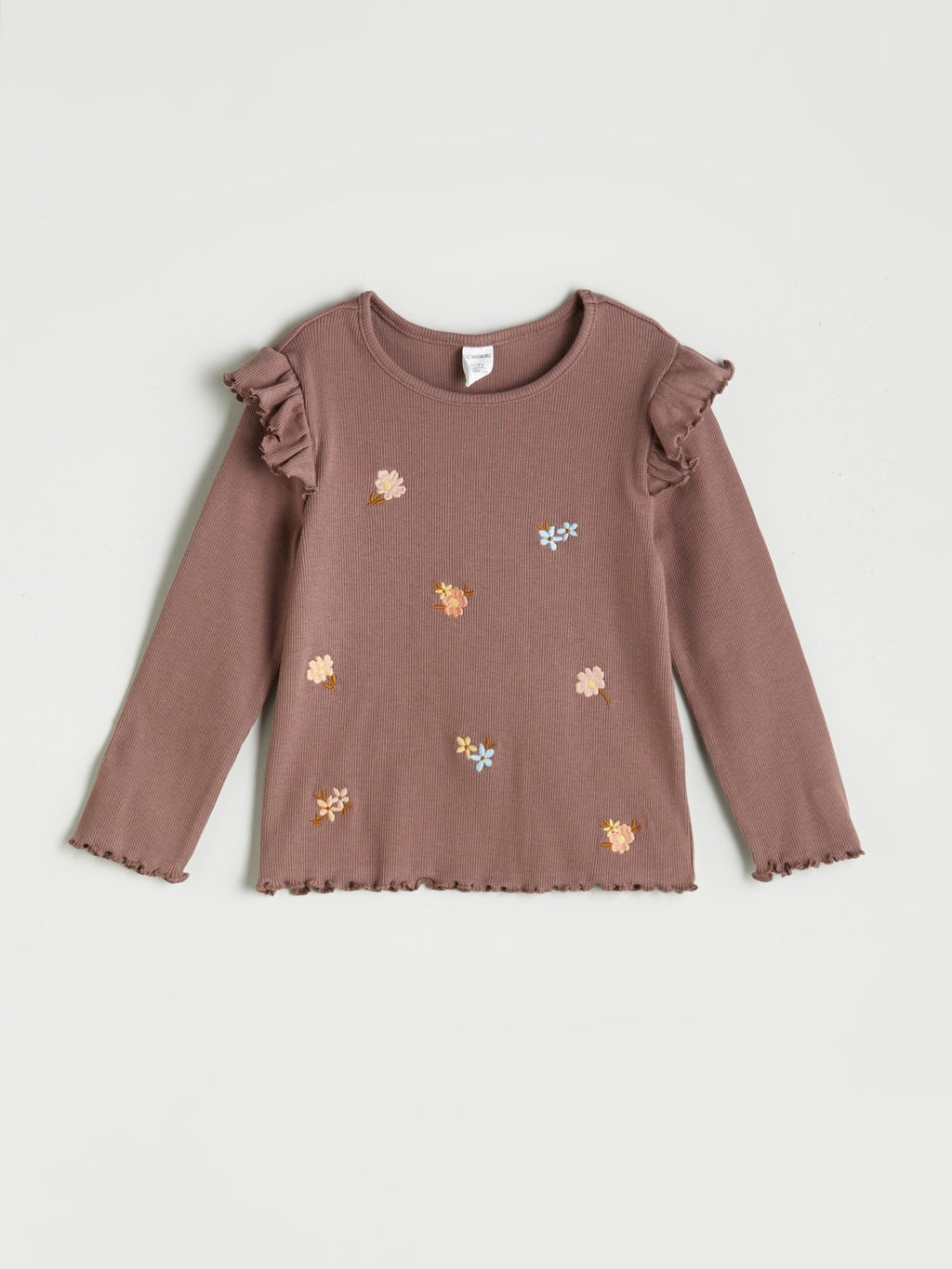 LCW Kids Brown Crew Neck Flower Embroidered Girls T-Shirt