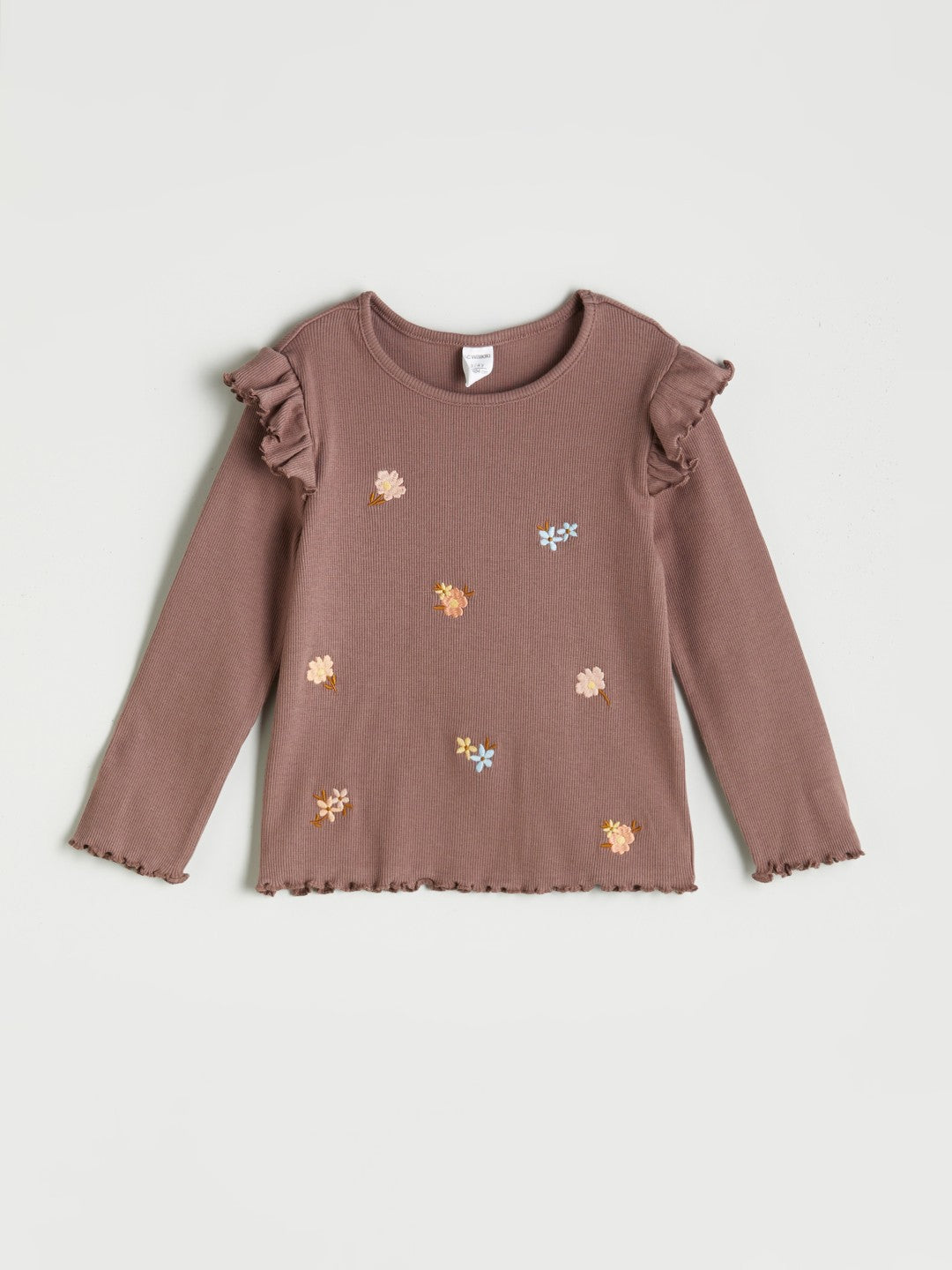 LCW Kids Brown Crew Neck Flower Embroidered Girls T-Shirt