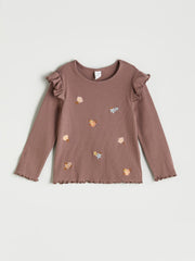 LCW Kids Brown Crew Neck Flower Embroidered Girls T-Shirt