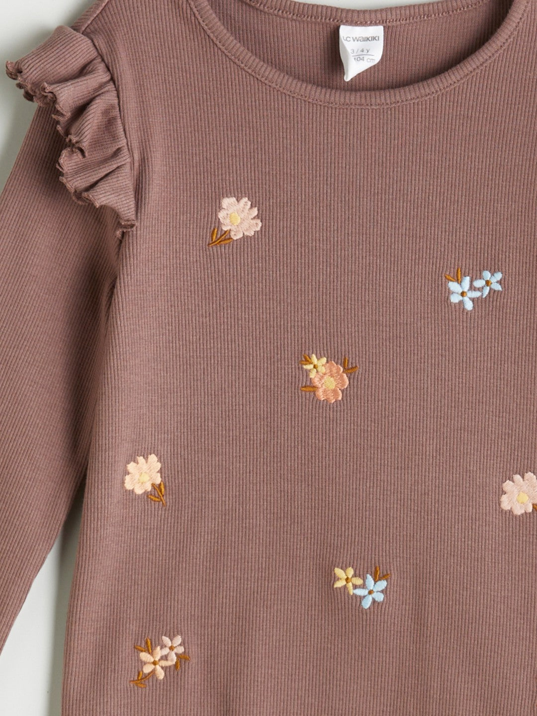 LCW Kids Brown Crew Neck Flower Embroidered Girls T-Shirt