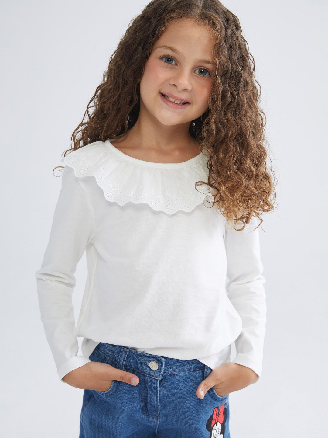 LCW Kids Ecru Collar Detailed Combed Cotton Girls T-Shirt