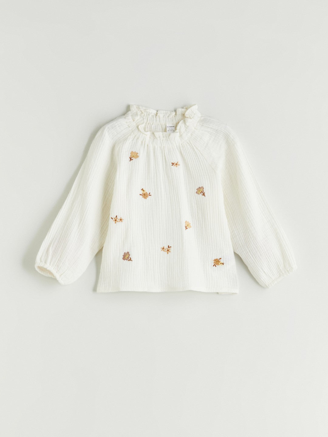 LCW Kids Ecru Ruffle Stand Collar Flower Embroidered Girls Blouse