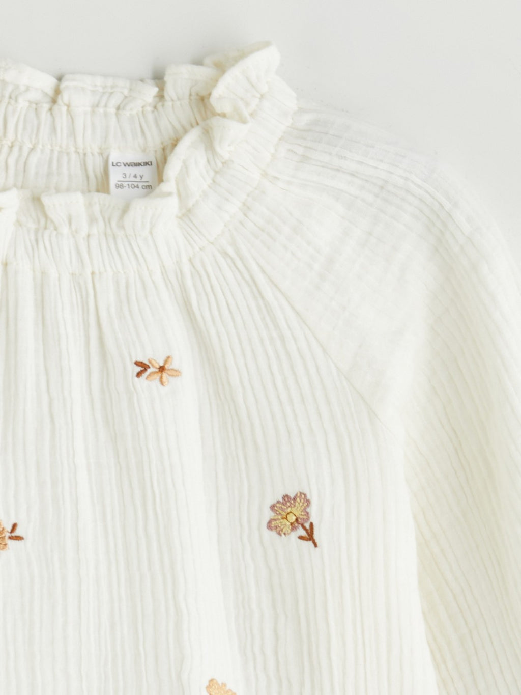 LCW Kids Ecru Ruffle Stand Collar Flower Embroidered Girls Blouse