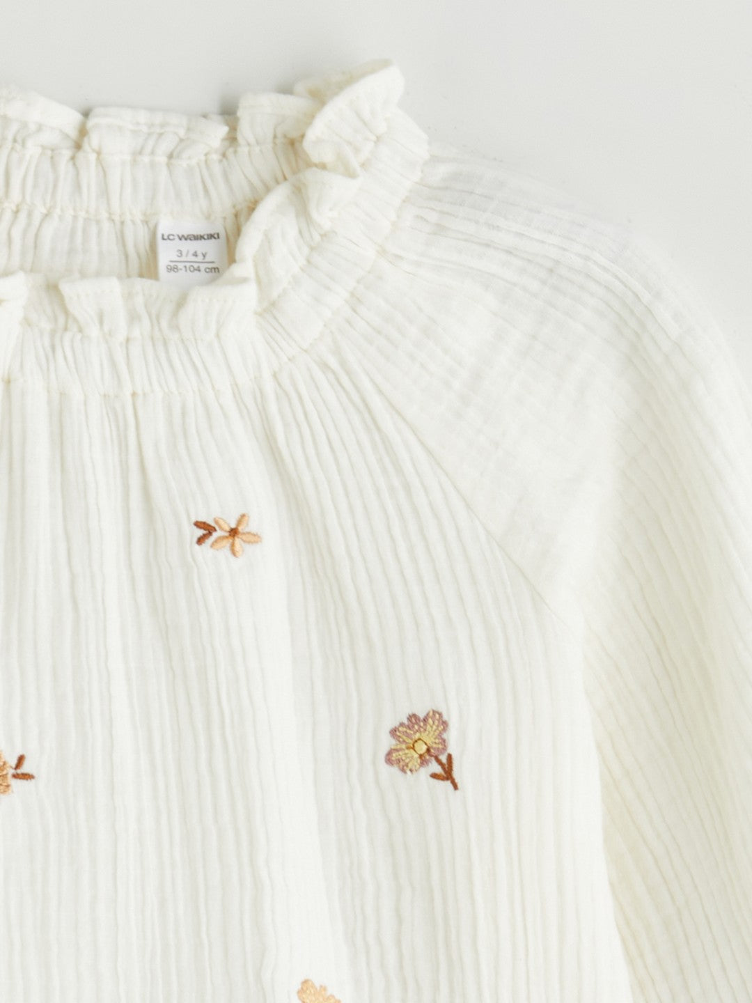 LCW Kids Ecru Ruffle Stand Collar Flower Embroidered Girls Blouse