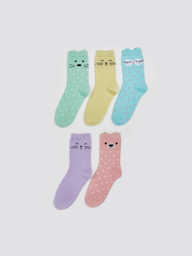 LCW Kids Pink Patterned Girls Ankle Socks 5-Pack Hover Image