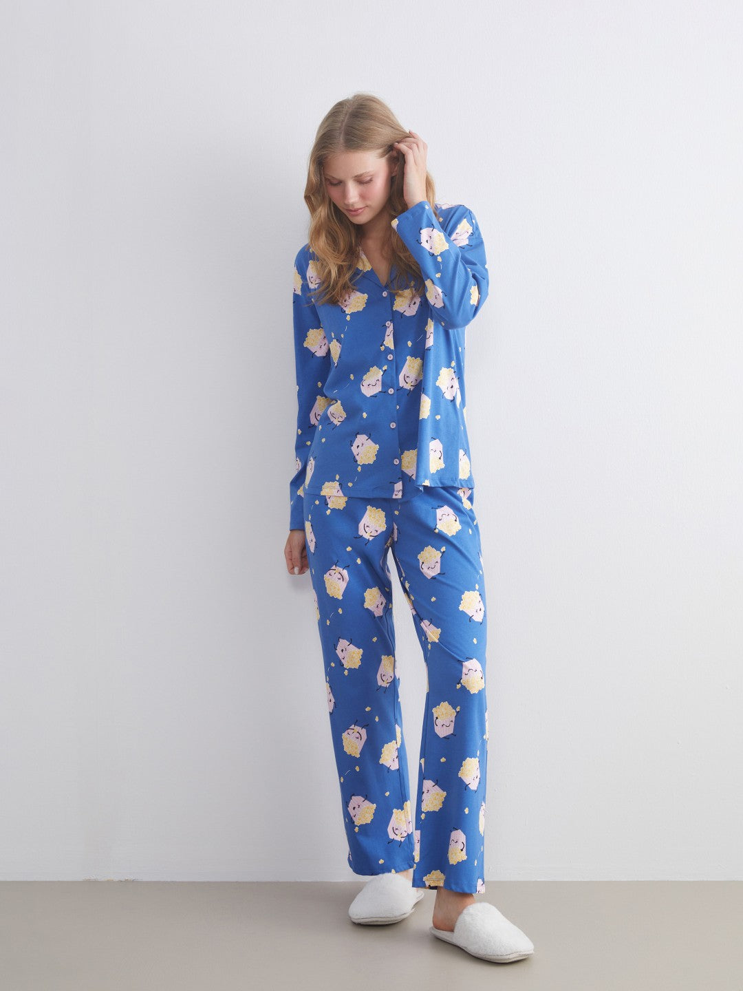 LCW Young Blue Shirt Collar Printed Women Pajama Set