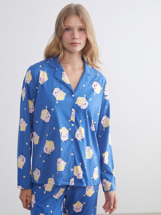 LCW Young Blue Shirt Collar Printed Women Pajama Set Main Image