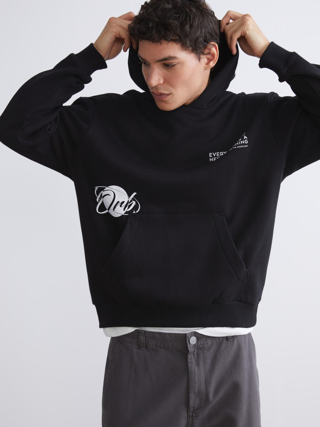 Xside Black Long Sleeve Printed Men Hoodie