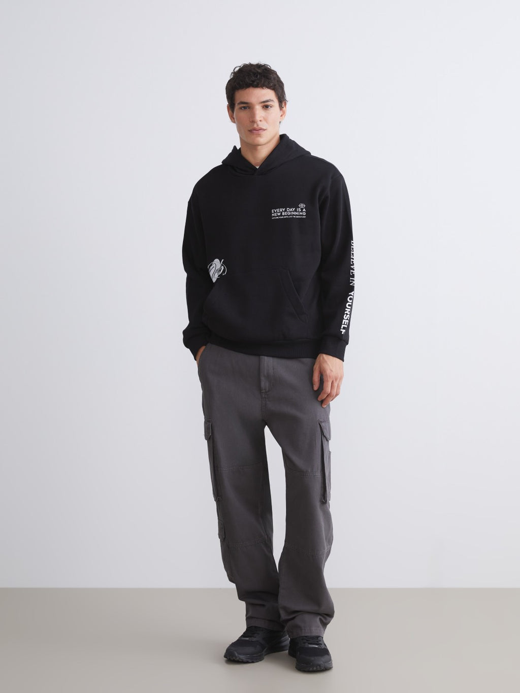 Xside Black Long Sleeve Printed Men Hoodie