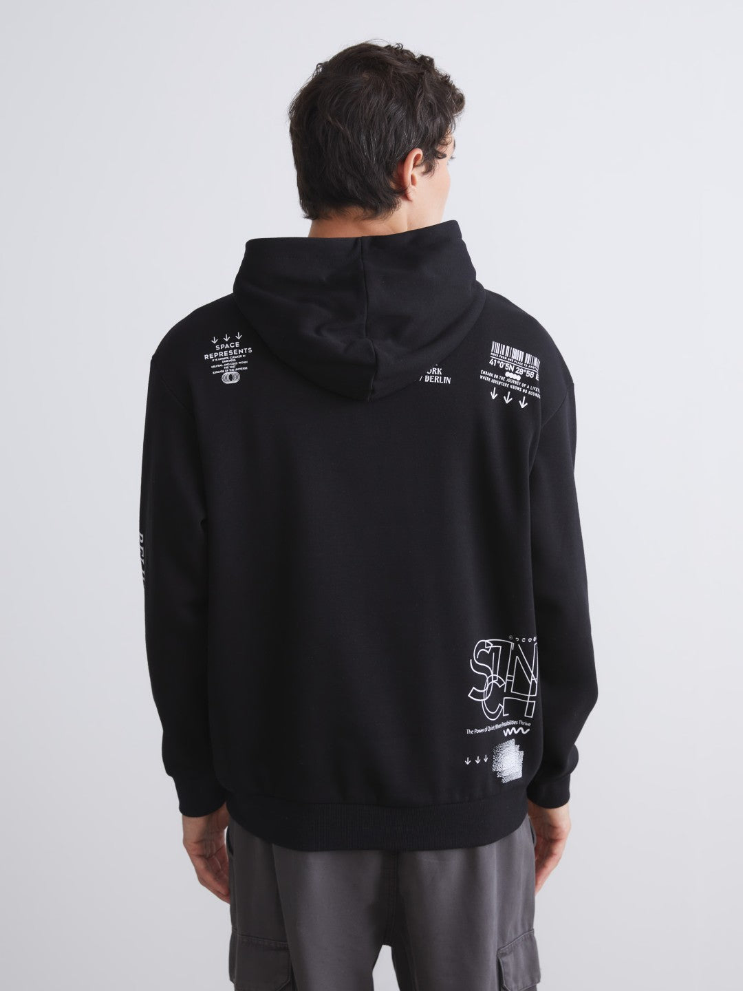 Xside Black Long Sleeve Printed Men Hoodie