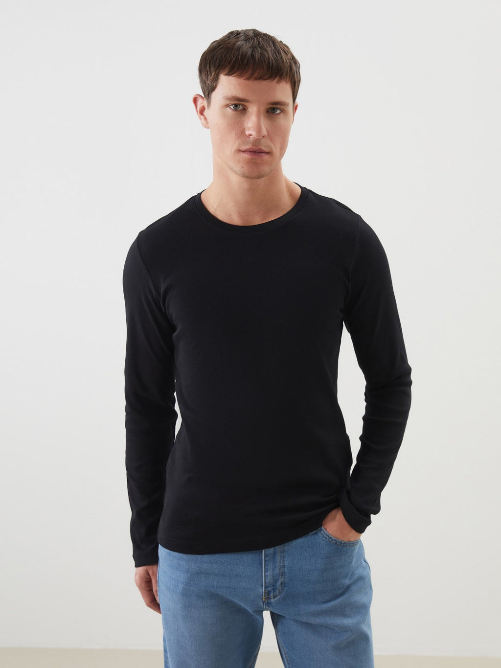 LCW Classic Black Crew Neck Basic Long Sleeve Men T-Shirt