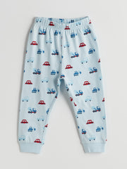 LCW Baby Blue Crew Neck Printed Baby Boy Pajama Set