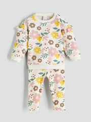 LCW Baby Ecru Crew Neck Floral Baby Girl Sweatshirt And Tights 2-Pack