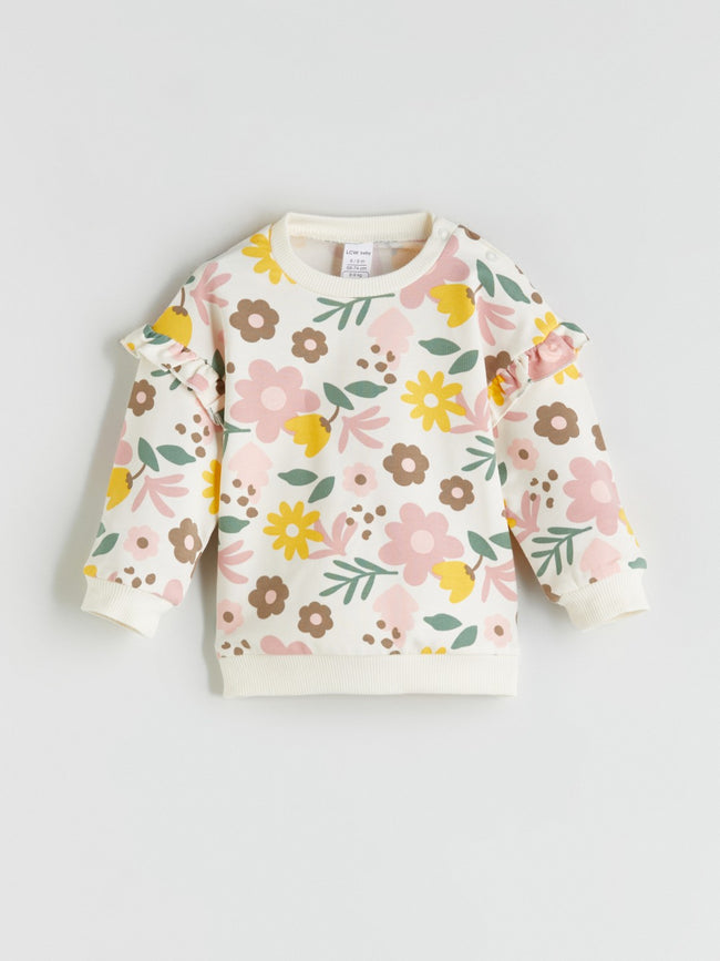 LCW Baby Ecru Crew Neck Floral Baby Girl Sweatshirt And Tights 2-Pack Main Image