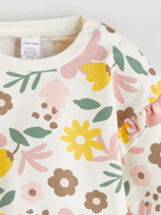 LCW Baby Ecru Crew Neck Floral Baby Girl Sweatshirt And Tights 2-Pack