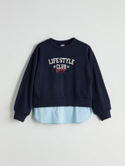 LCW Kids Navy Blue Crew Neck Printed Girls Sweatshirt