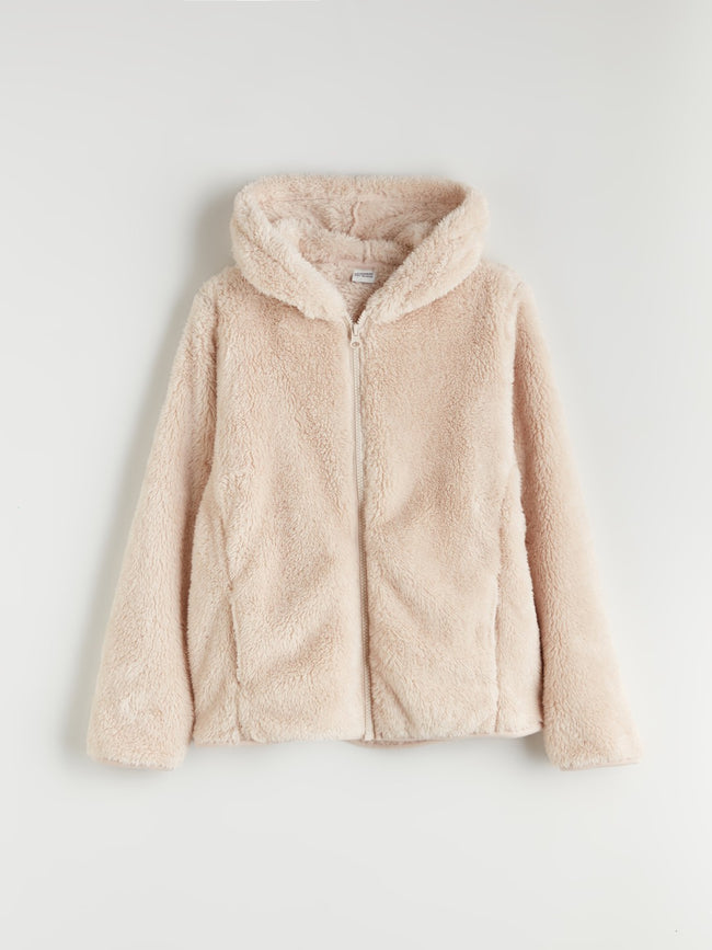 LCW Kids Beige Hooded Plush Girls Zippered Sweatshirt Hover Image